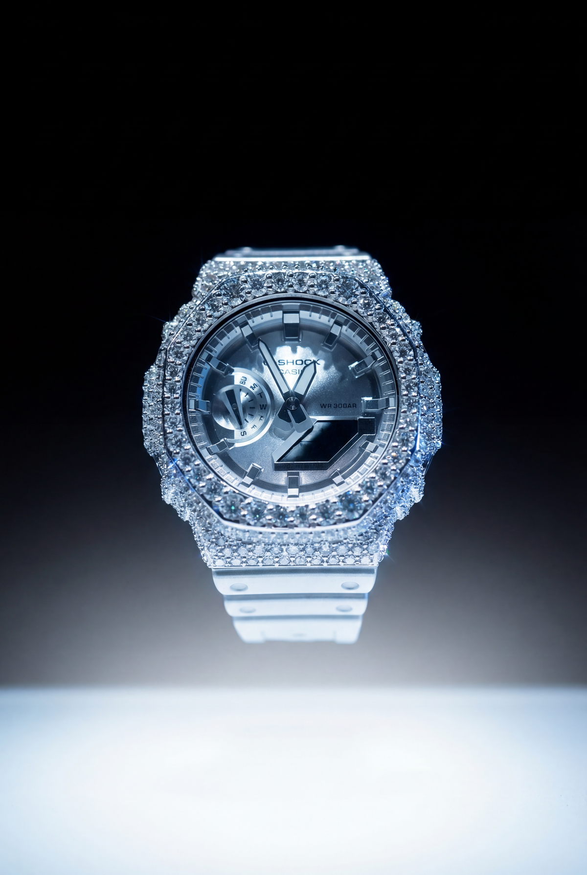 ICE BERG G-SHOCK SILVER BAND WITH DIAMONDS