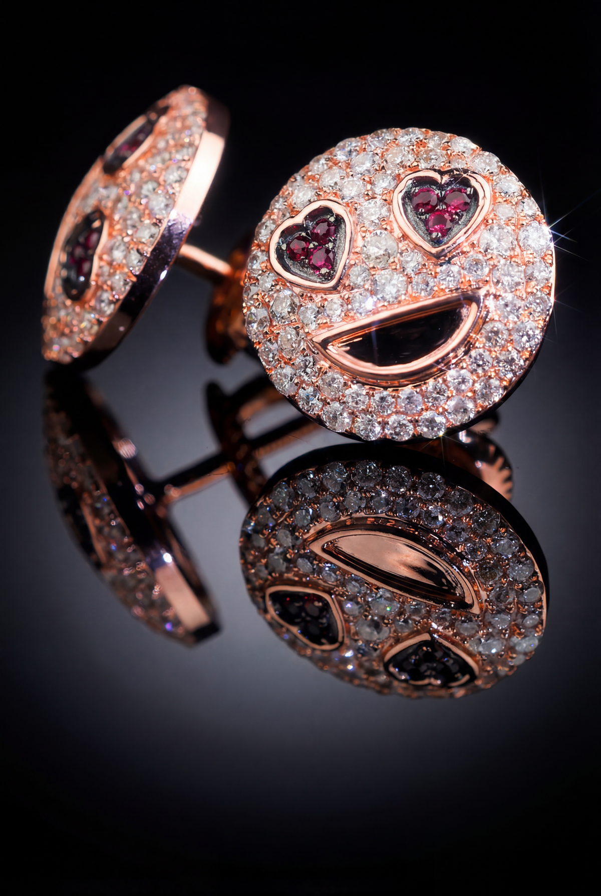 Heart Eyes Emoji Stud Earrings in Rose Gold Natural Diamond & Ruby Accents