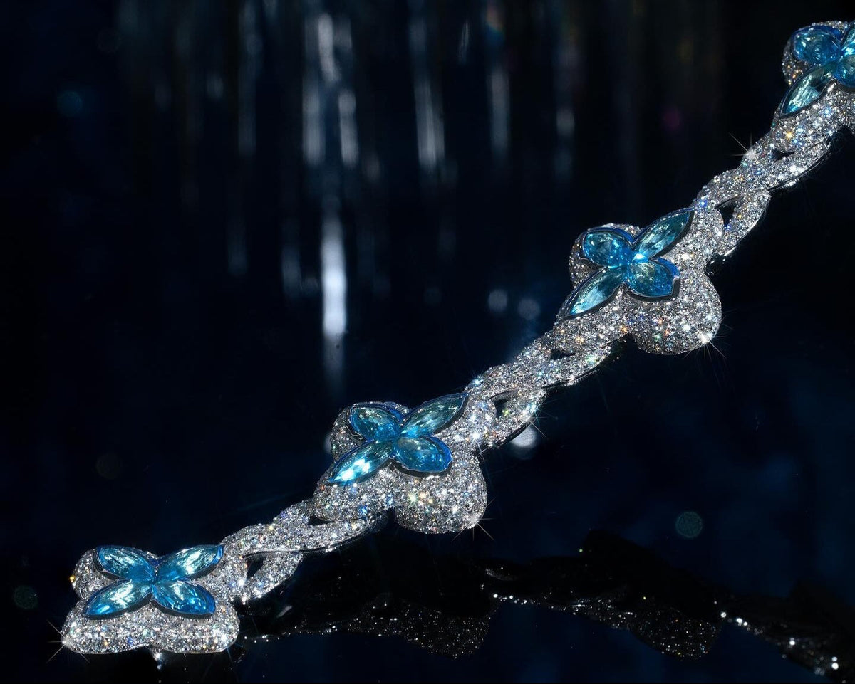 White Gold Clover Bracelet with Blue Marquise Gemstones and Pavé Diamonds