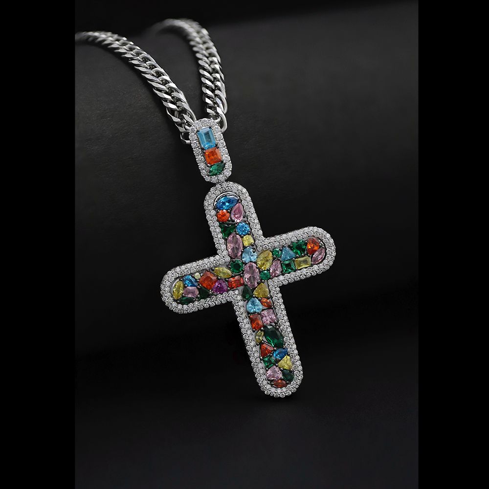 Rainbow Stone Cross Pendant with Diamond Halo