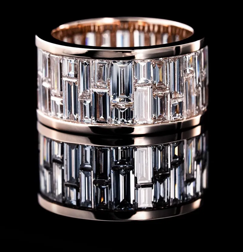 Wide rose-tone band set with rows of baguette stones