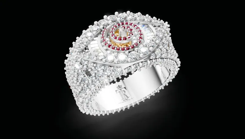 CAD visualization of a pavé ring with a ruby halo