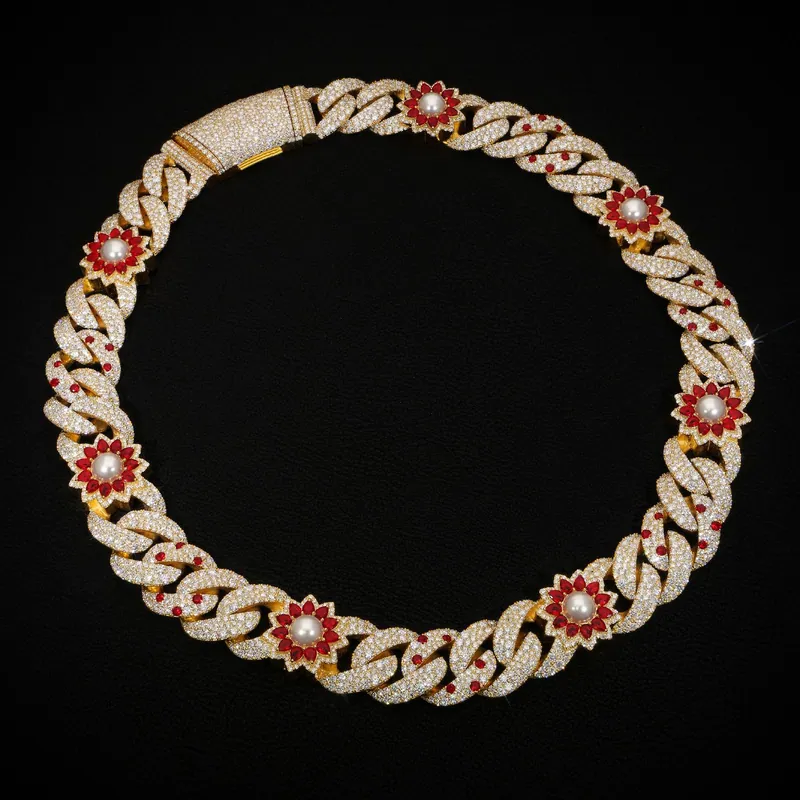 Stone-set Cuban link bracelet with red flower stations and pearl centers