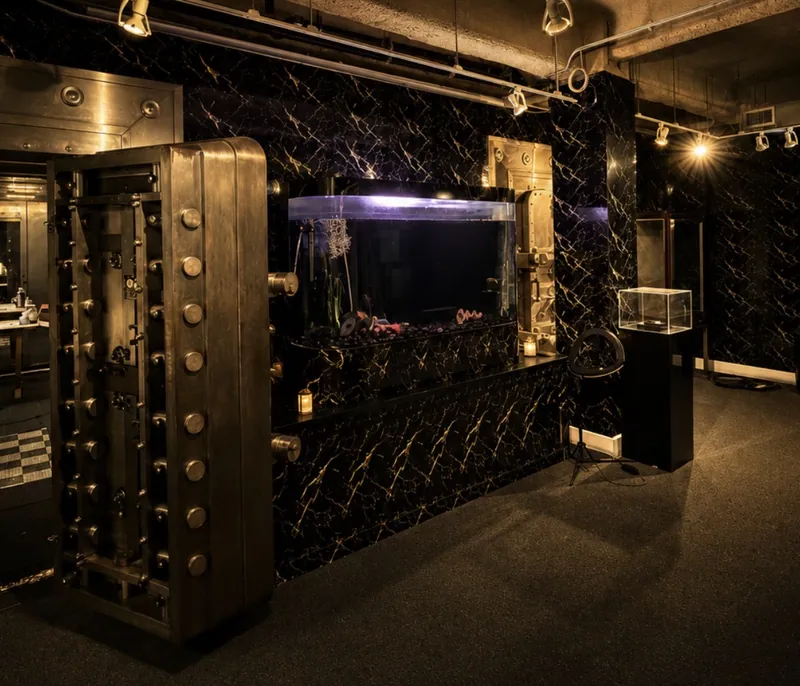 The open vault door, display cases, and aquarium in the showroom