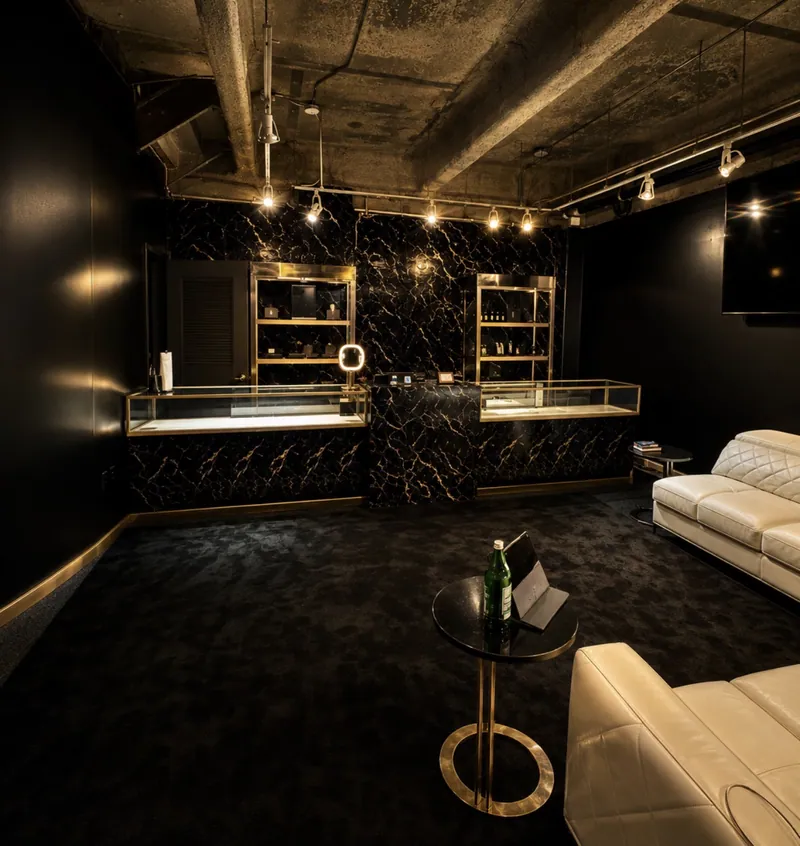The lounge at The House of Royal T, white leather seating beside lit display cases