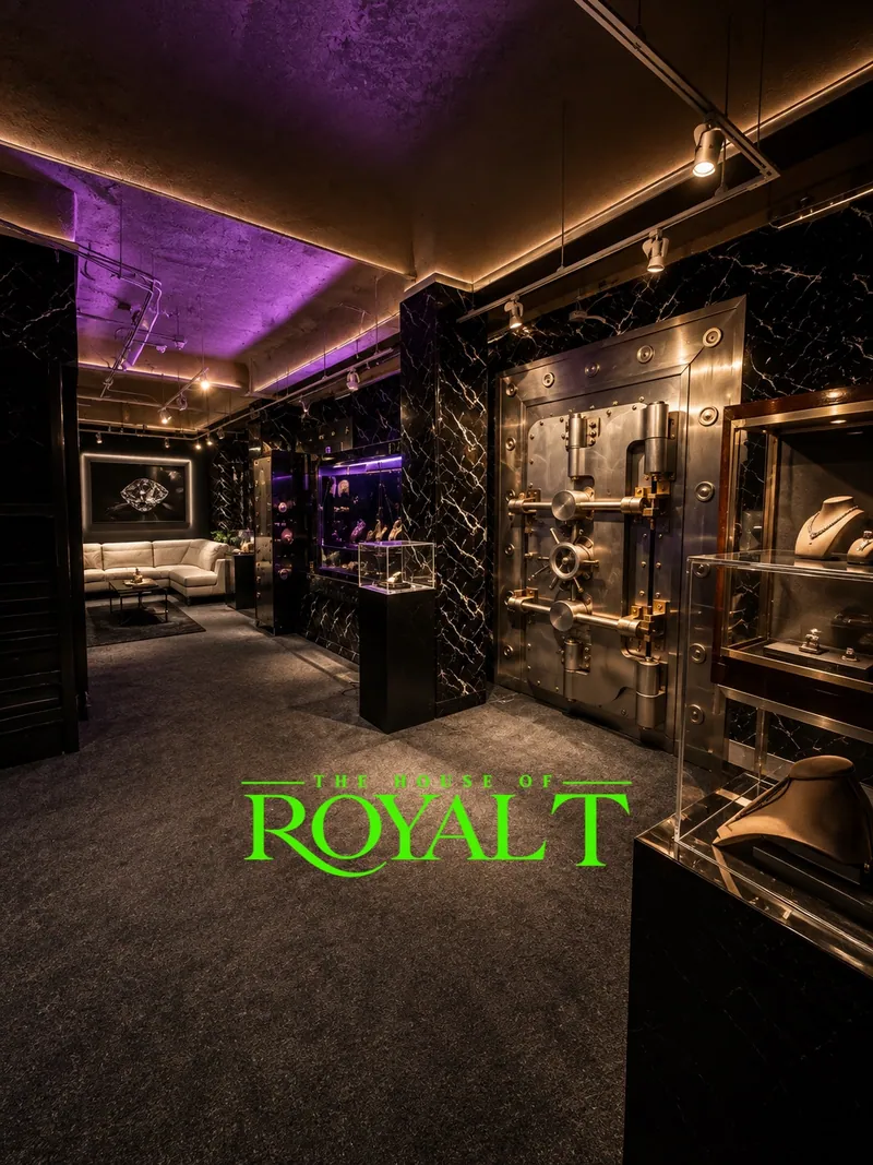 The showroom under violet light, with the vault door and the ROYAL T sign