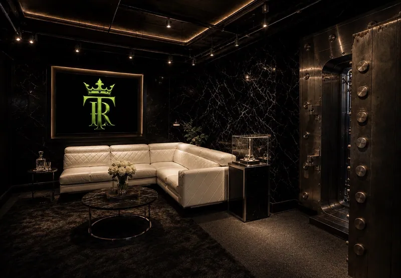Private consultation seating beneath the illuminated Royal T crest, beside the open vault door