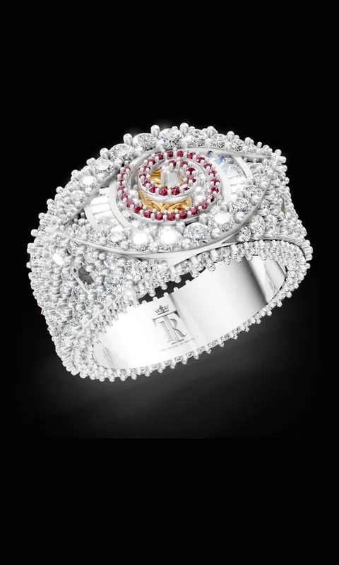Design visualization of an ornate pavé ring with a ruby halo