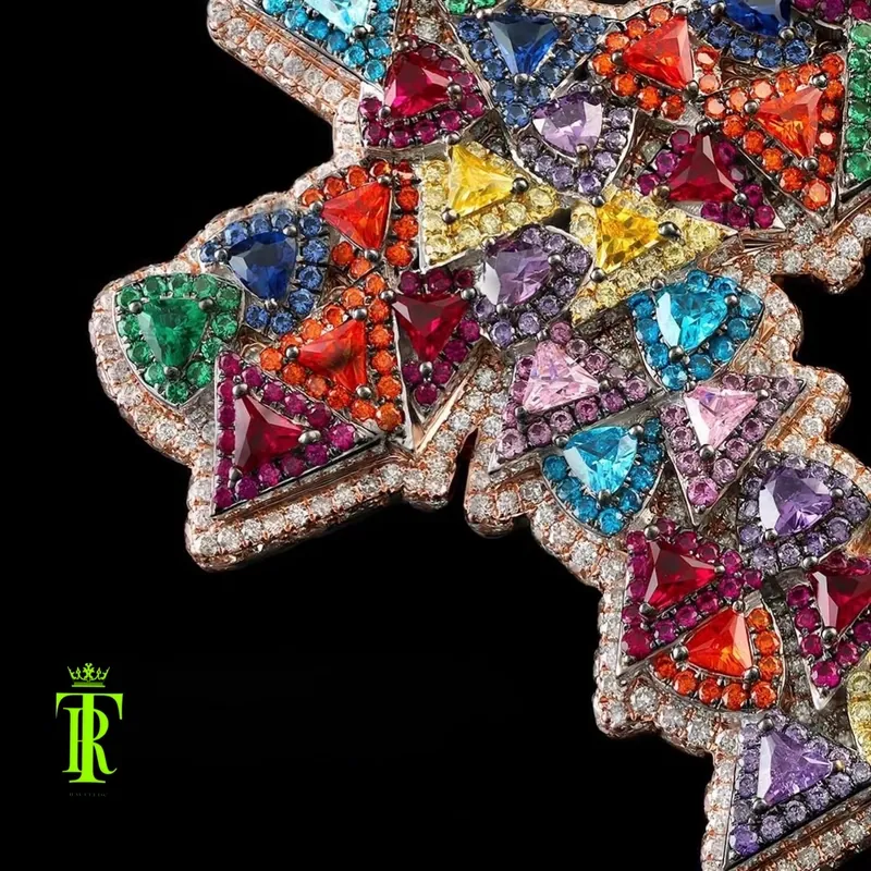 Multicolor triangle stones set in rose gold, close-up