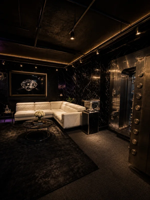 Consultation lounge: white leather sectional and marble table beside the open steel vault door