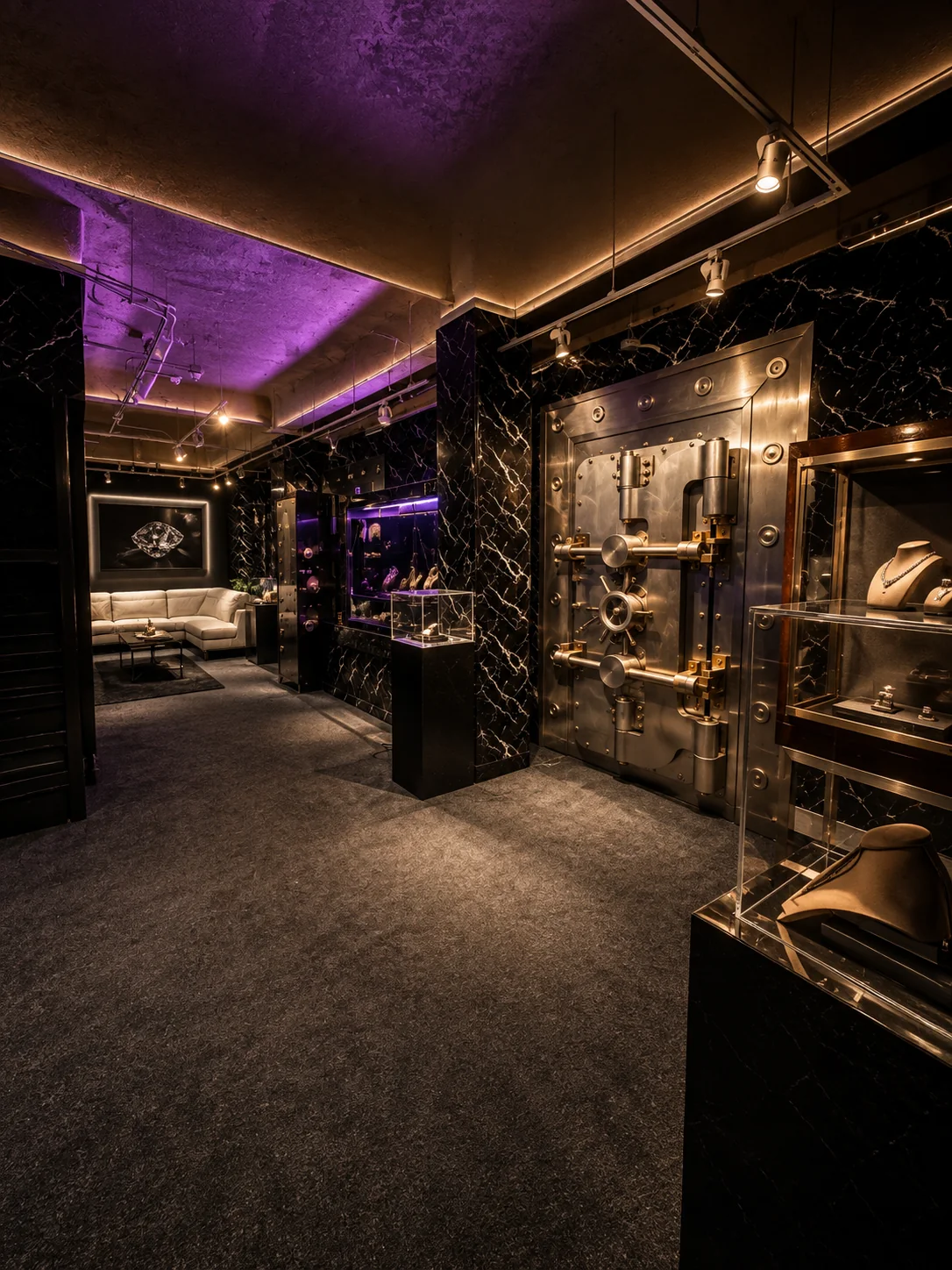 Inside THE HOUSE OF ROYAL T: the steel vault door and lit display cases, with the white leather lounge beyond