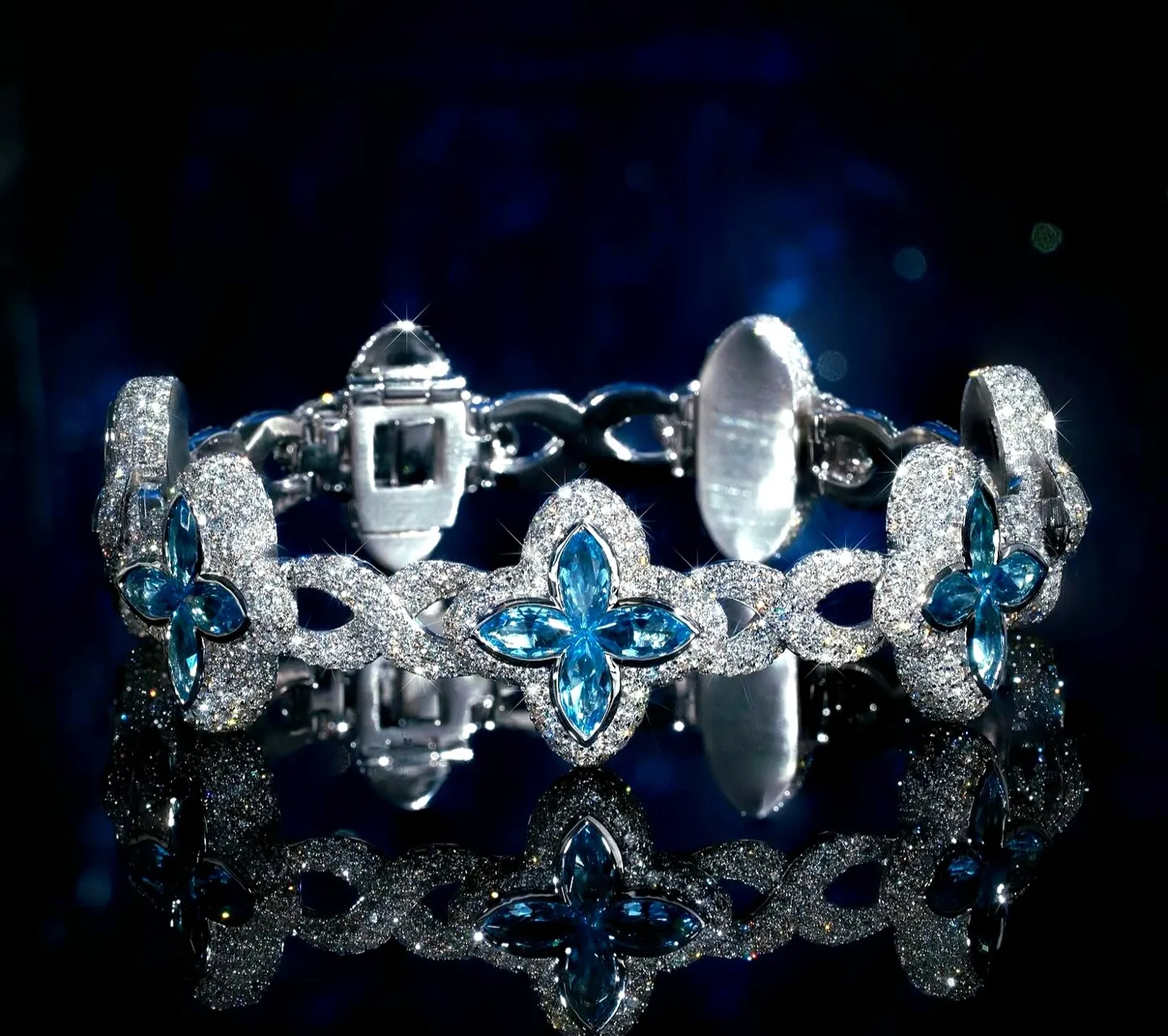 White Gold Clover Bracelet with Blue Marquise Gemstones and Pavé Diamonds
