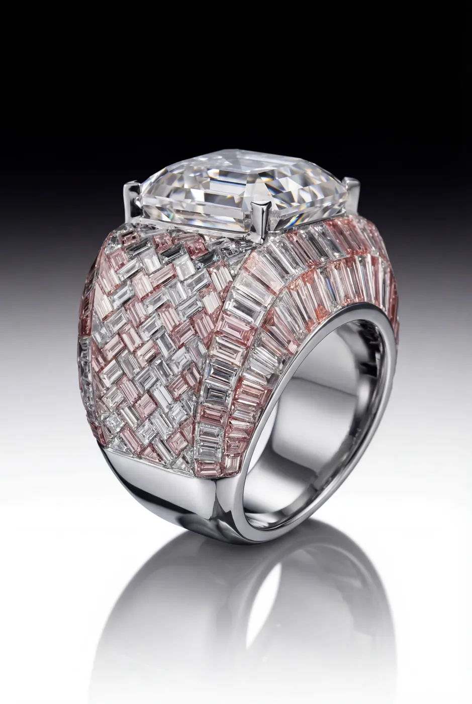 Invisible-set baguette mosaic ring