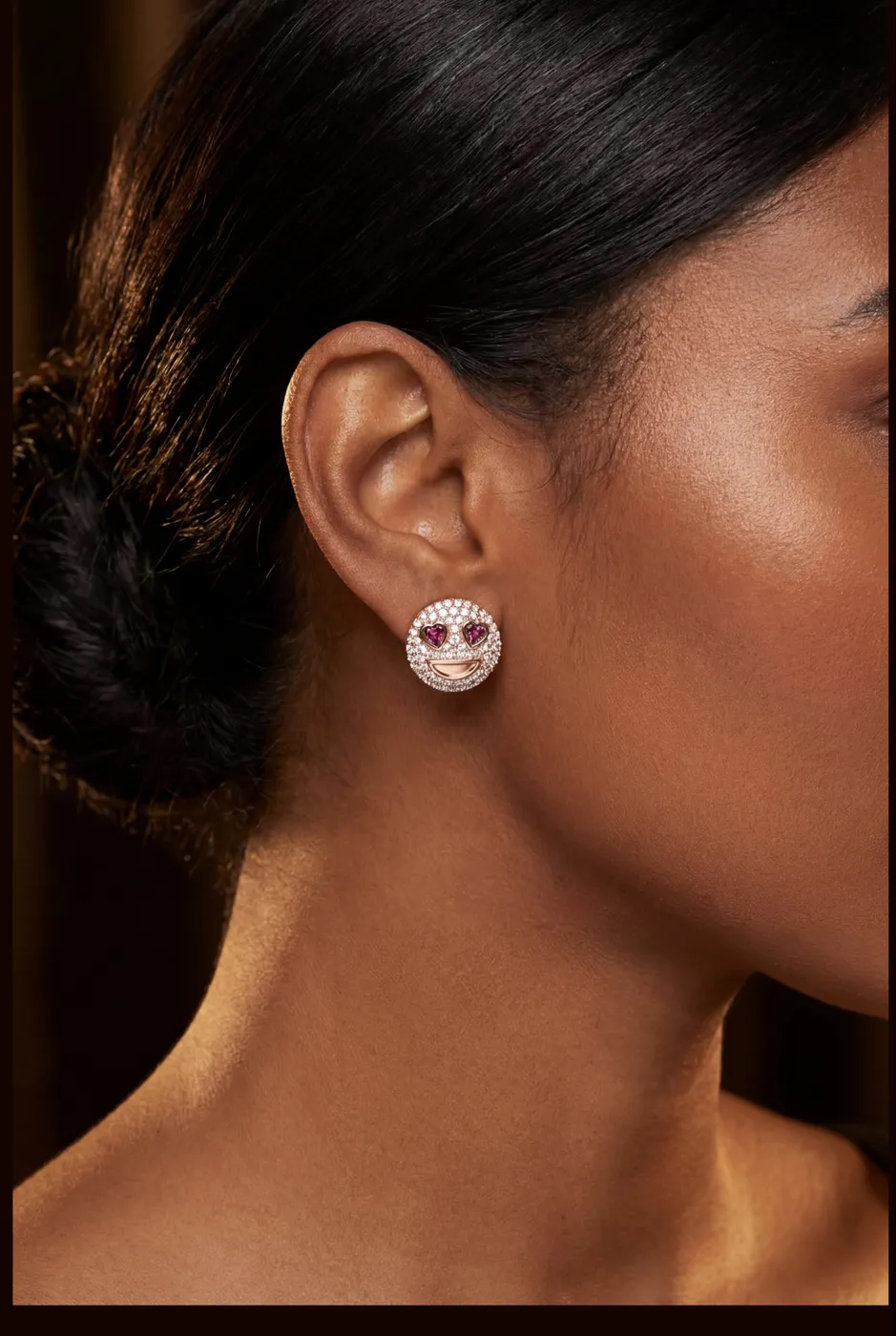 Heart eyes emoji stud earring worn