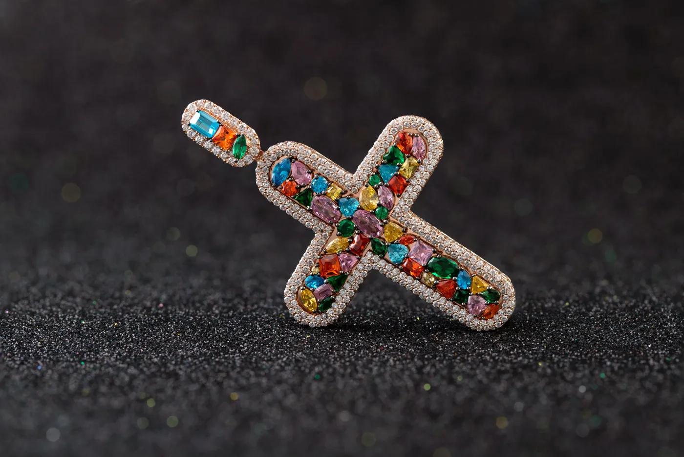 Rainbow Stone Cross Pendant with Diamond Halo view 1