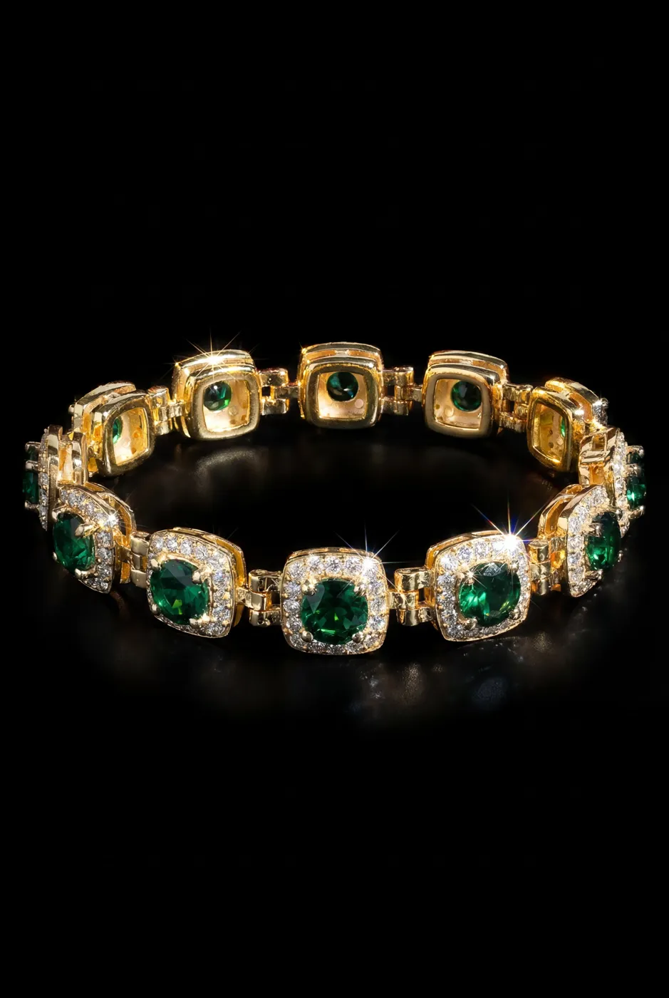 Gold tennis bracelet with emerald-cut green stones in diamond halos